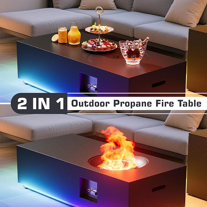 48 inch Propane Fire Pit Table LED, 2 in 1 Rectangular Outdoor Fire Pit with 20lb Tank Cover, Outside Patio Deck and Garden, Gas Fireplace Table with Lid and Stone, 50,000 BTU Adjustable Flame