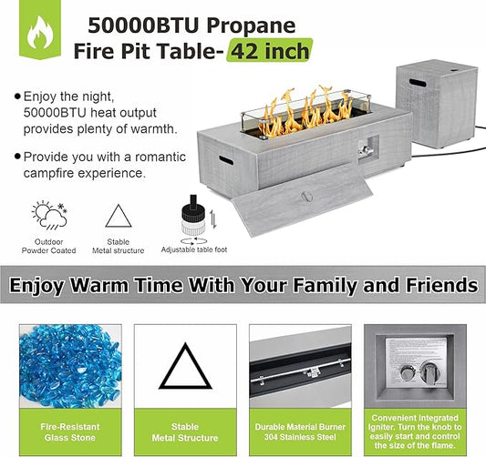 Dineli 2-Piece Outdoor Propane Fire Pit Table Set w Tank Table 42'' Rectangular Firepit Gas Fire Pits for Outside Patio Fire Table Tabletop Fire Pits, 50,000 BTU, Light Gray