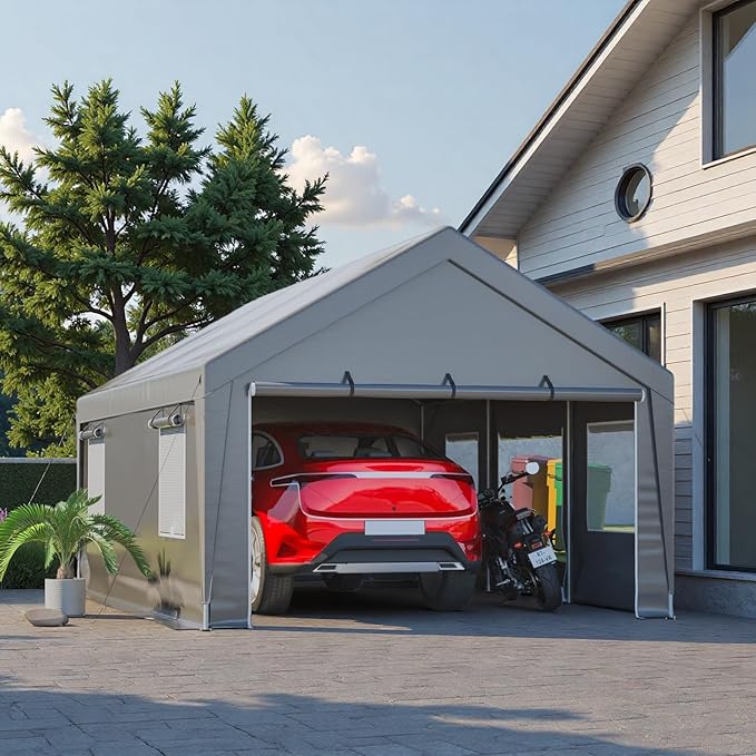 13x20 FT Heavy Duty Carport, Outdoor Storage Shed Tent with 2 Roll-Up Doors, Side Panels & Galvanized Steel Frame, All-Season Garage Shelter with Dual Mesh Ventilation Windows, Silver