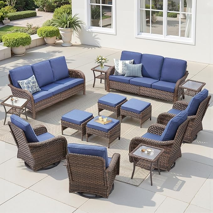 Patio Furniture Set-14 Pieces All-Weather Outdoor Fueniture Set with High Back Outdoor Swivel Rocking Chairs Patio Conversation Sets for Garden Porch Deck Brown/Blue