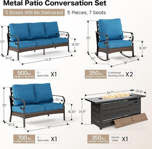 5 Piece Black Metal Outdoor Patio Furniture Sets with Firepit Table, Patio Conversation Sets 1 3-Seater Sofa, 2-Seater Sofa, 2 Rocking Sofa with 5.75" Cushion for Backyard Deck, Blue-2