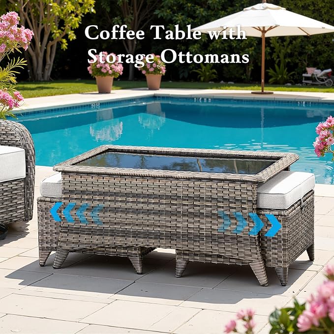 Belord Luxury 6" Thick Cushioned 8 Pieces Patio Furniture Set with Outdoor Couch, Wicker Outdoor Conversation Set with High Back Swivel Rocker Chairs for Deck Porch Yard and Poolside - Grey+Beige