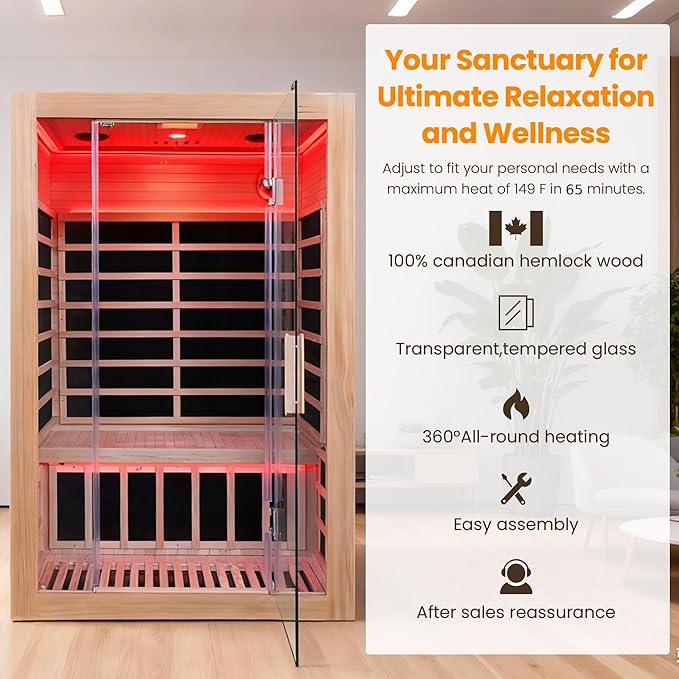 2-Person Home Infrared Sauna with Red Light Therapy & Bluetooth Speakers Dry Heat Sauna for Home & Gym 1760W 120V Low EMF with Control Panel, Indoor Personal Luxury Spa for House and Gym