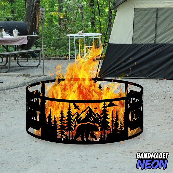 Personalized Forest Bear Fire Pit Ring 360 Degree, Custom Outdoor Campfire Round Firepit, Pits Gifts for Wood Burning, Fireplace, Camping Essentials, Bonfire, Raised Garden Bed
