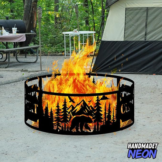 Personalized Forest Bear Fire Pit Ring 360 Degree, Custom Outdoor Campfire Round Firepit, Pits Gifts for Wood Burning, Fireplace, Camping Essentials, Bonfire, Raised Garden Bed