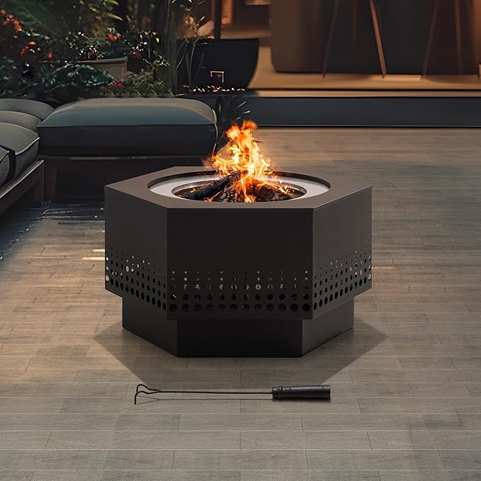 Sunjoy 28 in Smokeless Fire Pit with Removable Ash Pan, Outdoor Portable Wood Burning Fireplace with PVC Cover and Fire Poker,Ideal for Camping, Bonfire, and Backyard, Black