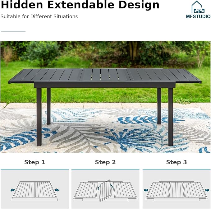 MFSTUDIO Outdoor Dining Sets for 6, Expandable Patio Table and Chairs Set, Patio Metal Rectangular Table & Swivel and Leg Chairs, Heavy Duty All Weather Dining Furniture for Deck, Backyard