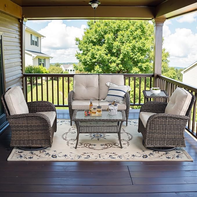 Belord 5 Piece Wicker Patio Furniture Set - Outdoor Conversation Sets with Deep Seating Swivel Rocker Chairs Loveseat and Rattan Coffee Table for Deck Backyard Poolside, Brown Wicker/Beige Cushion