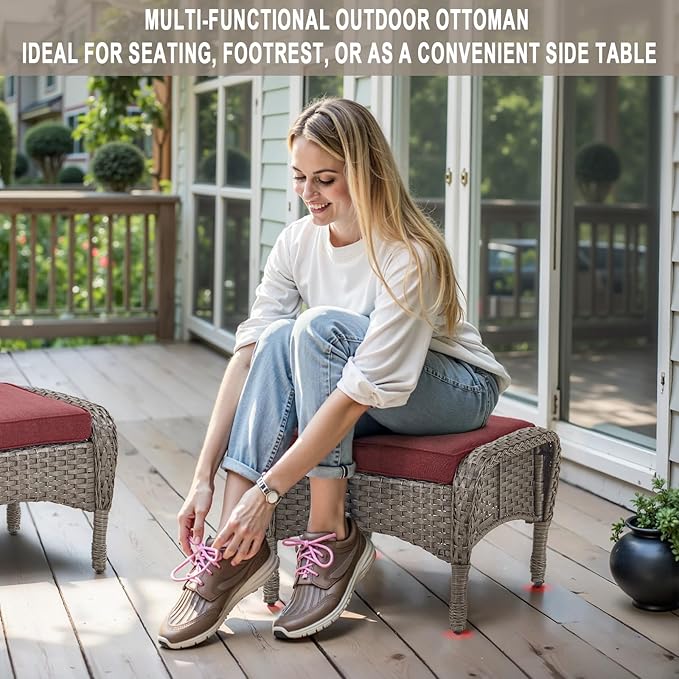 Belord 5 Piece Swivel Rocker Glider Outdoor Chairs Set of 2 with Ottoman and Glass Side Table Patio Bistro Furniture Set, Comfort High Back Wicker Patio Conversation Set for Deck Porch Sunroom