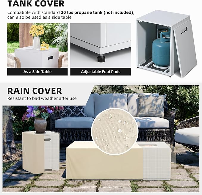 UPHA 42-inch Outdoor Propane Gas Fire Pit Table 50000 BTU Iron Rectangle Firepit for Outside Patio with Tank Hidden Table, Removable Lid, Gold Glass Rocks, Rain Cover,White