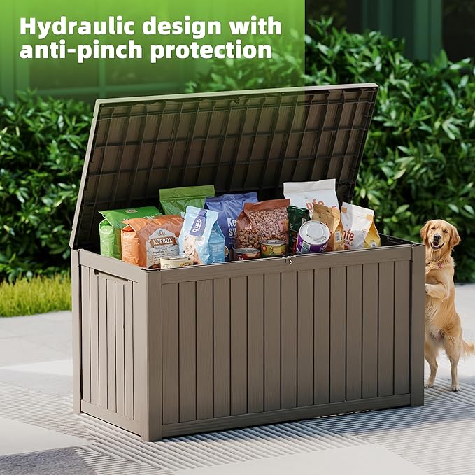 EasyUp 120 Gallon Outdoor Storage Box Waterproof, UV Resistant Resin Deck Box with Hydraulic Rod, Reinforced Stability for Patio, Garden, and Pool, Striped Gray