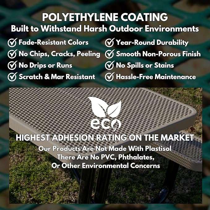COATEDOUTDOORFURNITURE Heavy-Duty Outdoor Bench Thermoplastic Coated, Punched Steel, Commercial-Grade Seating, Made in America (Inground Without Back, 8 Ft, Textured Copper)