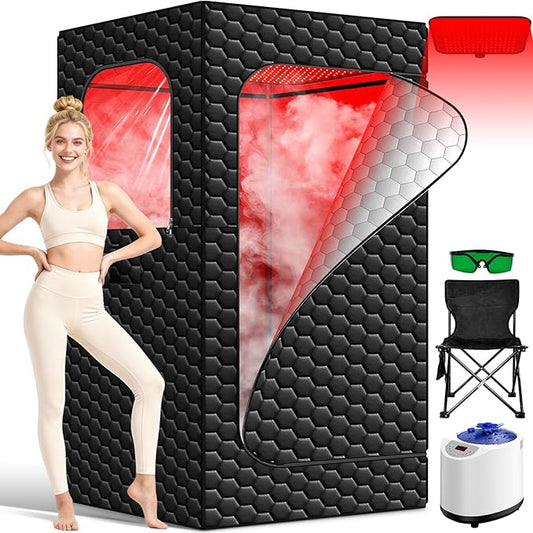 Infrared Sauna Box, 160 LEDs Red Light Sauna Steam Room, Portable Steam Sauna Tent & Dry Sauna with Red Light Therapy, 3L/1200W Steamer, 15 Heating Levels, Chair, Indoor Saunabox for Home Steam Spa