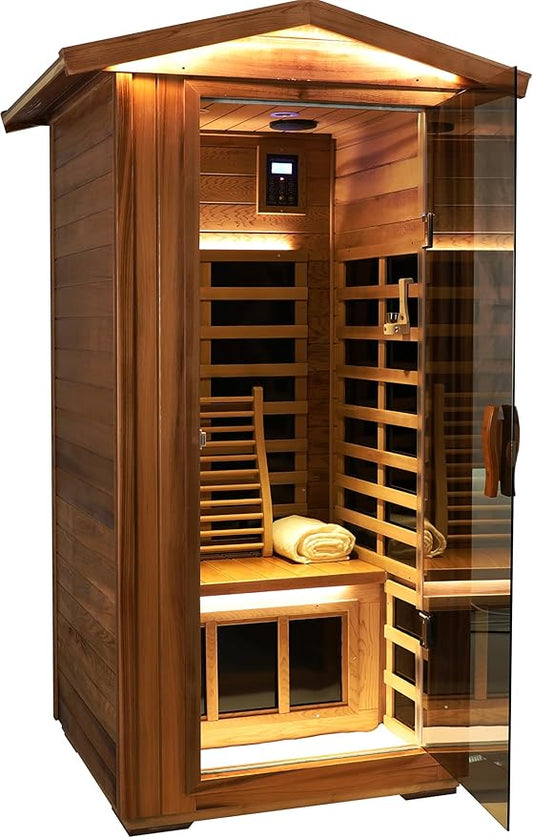 LTCCDSS Ultra-Low EMF Red Cedar Sauna 1-Person, Outdoor Far Infrared Sauna for Home, EMF 0.1-1mG, 6 Carbon Crystal Heaters, Bluetooth & Chromotherapy (45.7 * 39.4 * 79.5 in)