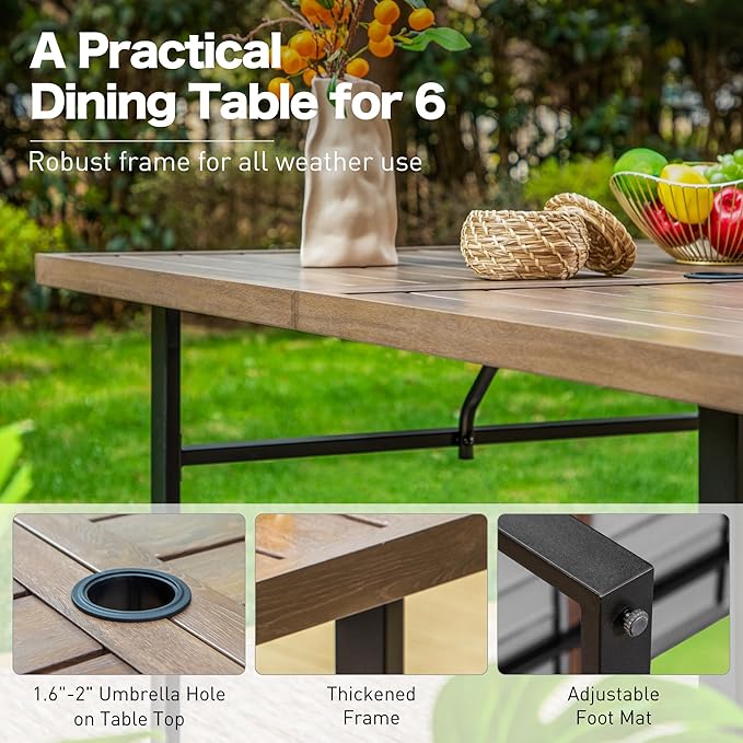 64" Patio Dining Table for 6,Teak Color Rectangle Patio Table with Umbrella Hole,E-Coating and Powder Coating Steel Frame Metal Outdoor Patio Table for Garden Backyard Lawn Yard