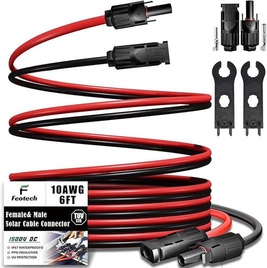 Twin Wire 6FT Solar Extension Cable - 10AWG (6mm²) Solar Panel Connector, with IP67-Male/Female Solar connectors for Outdoor Automotive RV Boat Marine Solar Panel- Black & Red