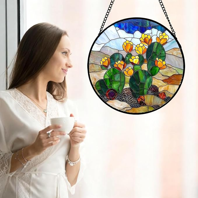 QZQCBLC Stained Glass Window Hanging Green Cactus with Yellow Flowers Large 11.8" - Suncatcher Door Garden Sun Catcher Home Decor Birthday Christmas for Woman Nana Friend Men Kids