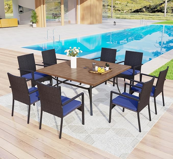 MFSTUDIO 9 Pieces Patio Dining Table Set, 8 Person Outdoor Square Table Set with Chairs, Large Dining Furniture Set, Patio 60" Square Metal Dining Table for 8, Backyard, Porch