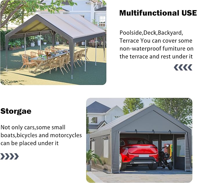 13x20 FT Canopy with 2 Roll-Up Doors,Waterproof Party Tent w/Steel Frame & Ventilation Windows,Carport & Storage Shelter for Vehicle,Car,Grey