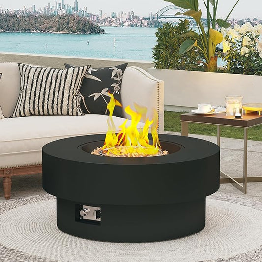 32.5 Inch Propane Fire Pit Table, 50,000 BTU Round Patio Fire Pit Table Outdoor, CSA Certified, Stainless Burner with Steel Lid, Waterproof Cover & Lava Rocks, for Backyard Garden, Black
