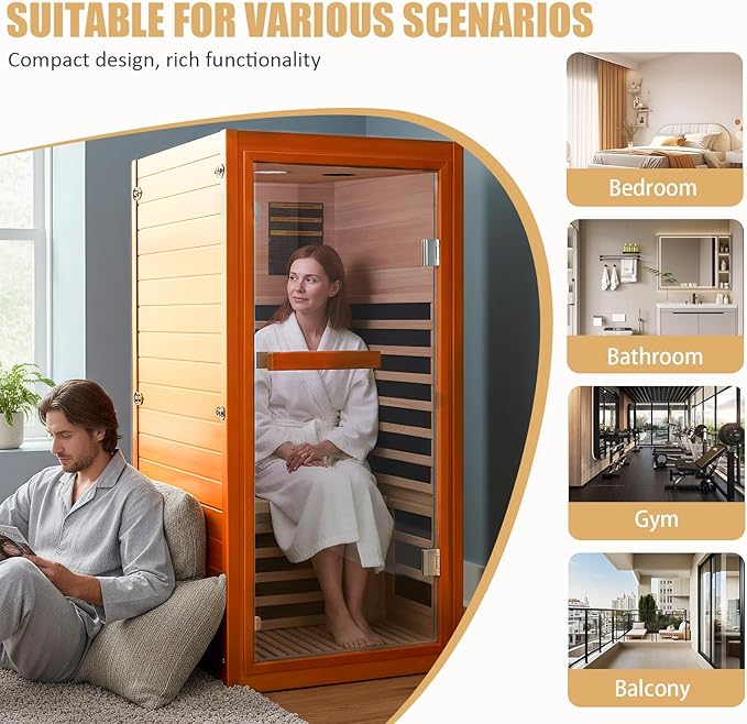 RIGO Home Personal Far-Infrared Sauna Room — 1065W 120V Wooden Dry Sauna Room with Red Light and Bluetooth Music Function, Single-Person Design, Dimensions: 31.5 * 31.5 * 63 inches