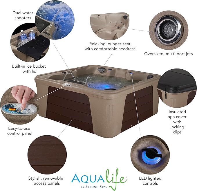 AquaLife Palm Beach™ 5-6 Person 30-Jet Lounger Hot Tub with LED Lighting, Insulated Cover, Built-in Ice Bucket, Stainless Steel Heater and Ozonator