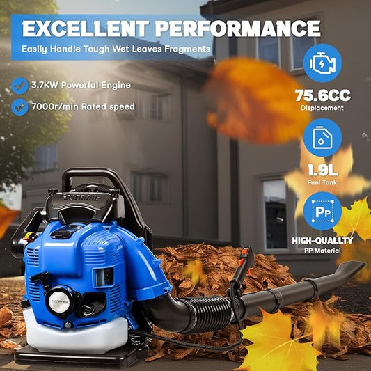 Reheyre 75.6CC Backpack Leaf Blower, 750CFM 205MPH 4-Stroke Engine Gas Leaf Blower Back Pack Leaf Blowers Gas Leaf & Snow Blower for Lawn, Garden & Commercial Use Blue BBX9900