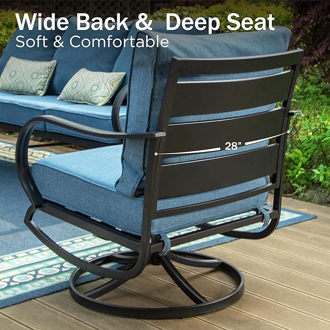 PHI VILLA Outdoor Patio Furniture Set, Swivel Sofa Chairs & 3 Deep Seat Sofa Bench, Gas Firepit Table, Upgraded Fabric Suitable for Outdoor Use, 8 PCS Navy Blue