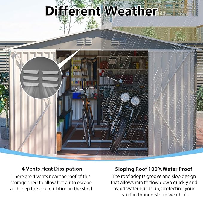 14x10 FT Outdoor Metal Storage Shed with Side Door & Floor Frame, Extra-Large Tool Shed with Lockable Double Doors, Weatherproof Garden Shed for Backyard, Lawn Equipment and Patio Storage