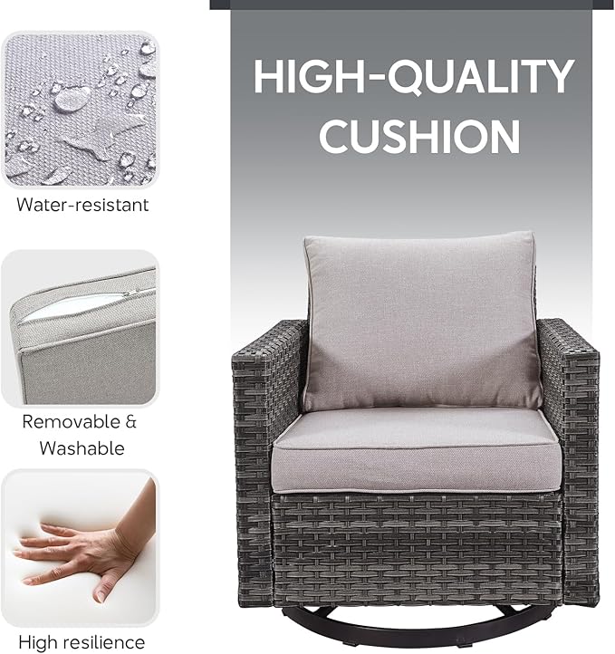 4 Piece Wicker Patio Furniture with Fire Pit Table - Outdoor Conversation Set with 50,000 BTU Fire Pit, All Weather Rattan Patio Set for Deck Backyard Garden - Grey Wicker Beige Cushion