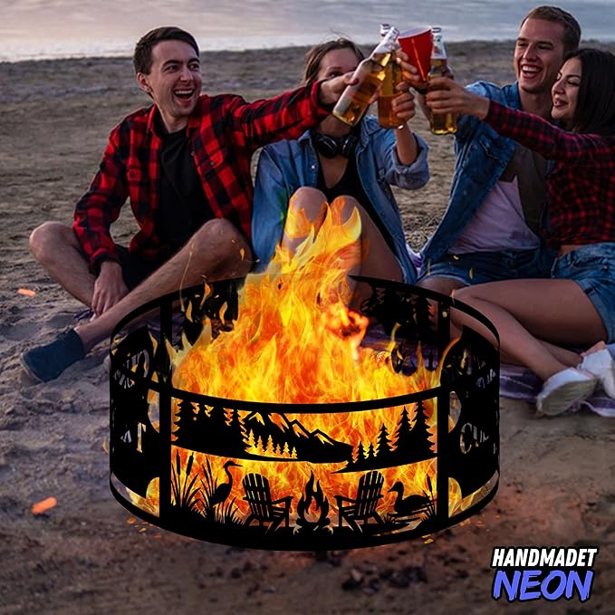 Personalized Fire Pit Ring 360 Degree, Outdoor Fireplace, Custom Text Fire Pits for Outside, Patio Firepit, Camping Bonfire Firepits, Garden BBQ Backyard Decor (Campsite)