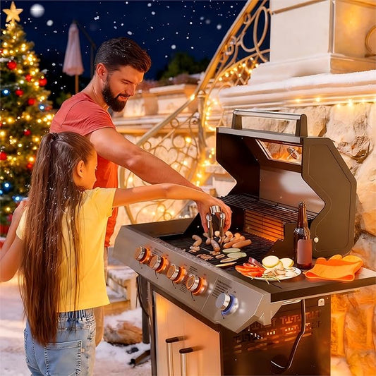 SKOK 4-Burner Led Gas BBQ Grill with Side Burner & Visual Glass, Barbecue Grill,60,000 BTU Stainless Steel Propane Grill 629 Sq. In. Grilling Area