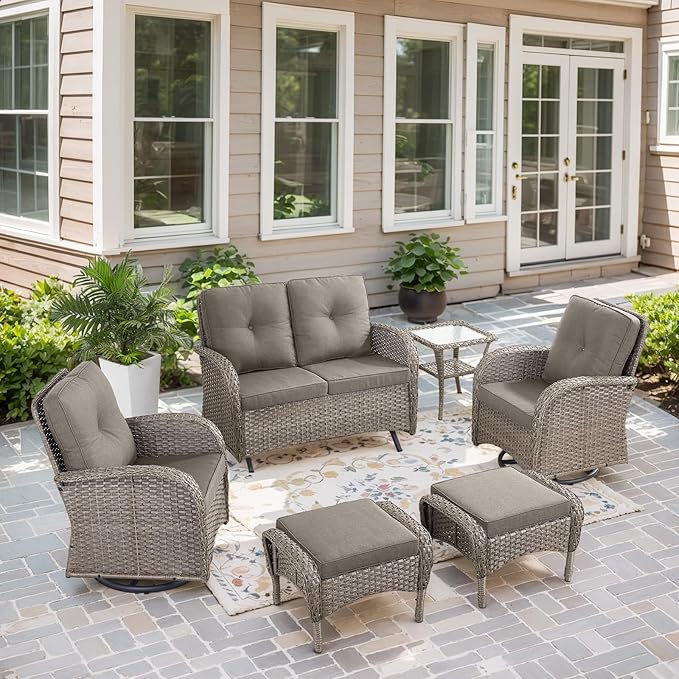 Belord Swivel Patio Chairs Wicker Set - Outdoor Swivel Rocker Chair with Side Table, 3 Piece Patio Glider Chairs Furniture Set with Water-Resistant Cushions for Deck Porch Sunroom Gray