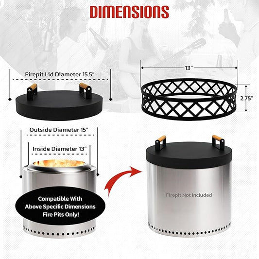 FEBTECH - Smokeless Fire Pit Accessories Combo - Heavy Duty Carbon Steel 15" Firepit Base Ring,15.5" Lid with 2 Wooden Handles - Fireplace Tools Kit for Camping, Patio, Bonfire Use