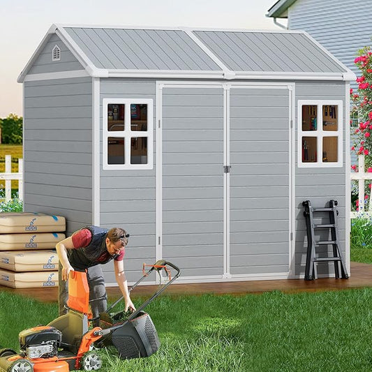 6x8 FT Resin Outdoor Storage Shed with Floor, Weather-Resistant Plastic Garden Shed with Windows, Lockable Door and Vents, Outside Tool Storage Sheds for Backyard, Garden, Lawn, Grey