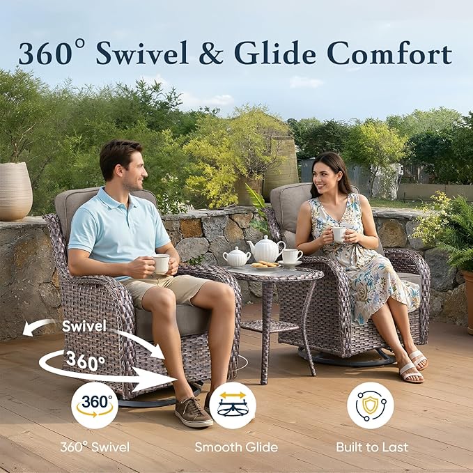 Belord Luxury 6" Thick Cushioned 7 Pieces Patio Furniture Set with Outdoor Couch, Wicker Outdoor Conversation Set with High Back Swivel Rocker Chairs for Deck Porch Yard and Poolside - Brown+Grey