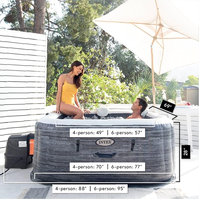 Intex Handheld Above Ground Pool Vacuum Cleaner with 2 Brush Heads and PureSpa Plus 4 Person Inflatable Square Hot Tub Spa, Greystone