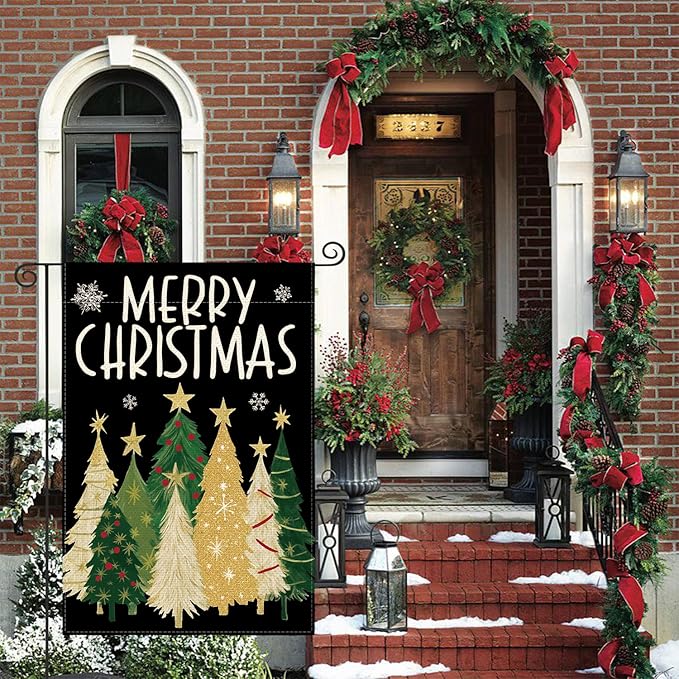 AVOIN colorlife Merry Christmas Garden Flag 12x18 Inch Double Sided Outside, Christmas Trees Winter Holiday Yard Outdoor Flag Black