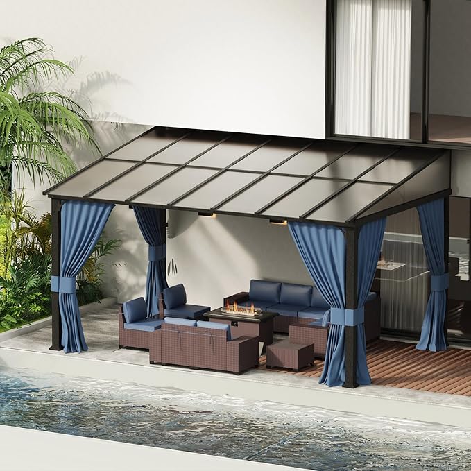 ASJMR 10x14FT Wall Mounted Gazebo Hardtop,Outdoor Wall-Mounted Patio Pergola Metal Frame Double Curtains Gazebo with Sloping Sun Panel Roof for Patio,Garden,Lawn,Pool,Backyard Deck, Navy