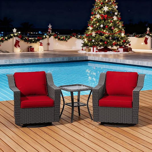 3 Pieces Patio Conversation Furniture Set - 2 Swivel Chairs, 1 Side Table, Outdoor Wicker Rocking Glider Armchairs with Washable and Water-Resistant Cushions for Porch, Balcony (Red)