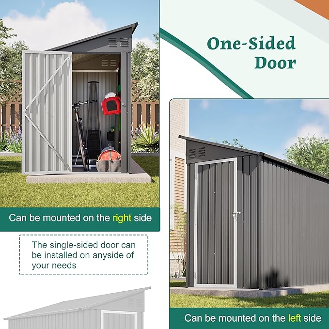 4×8 FT Lean to Metal Shed,Outdoor Heavy-Duty Storage Shed with Floor Base,All Weather Waterproof Garden Tool House W/Lockable Door&2 Air Vents,Reversible Door Design,for Backyard,Patio,Lawn,Gray