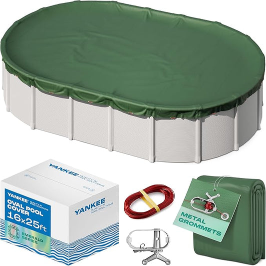Yankee Emerald Series Pool Covers for Above Ground Pools | Oval 16x25 ft Swimming Pool Cover w/Steel-Core Cable, Winch for Winterization | 9 mil Medium-Thickness for Off-Season, On-Season Protection