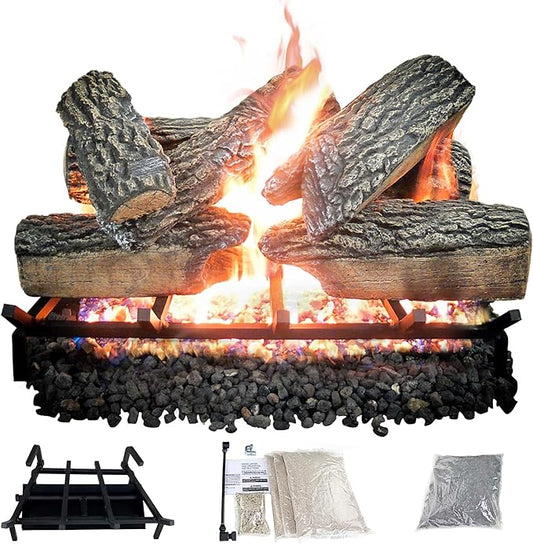 24" Premium Gas Logs - Match Light Kit Included - for Natural Gas Vented Fireplaces - Blazing Oak Design (Logs + Match Light Kit)