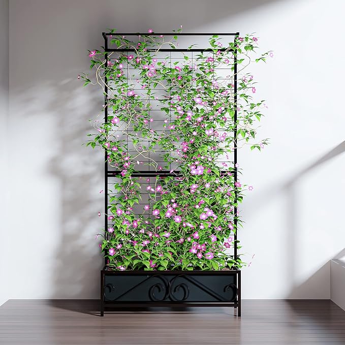 Zhongma Metal Planter with Trellis Raised Bed with Trellis for Vine Climbing Plants Flowers(12.8 x 35.43 x 74 in), 74 Inch Height Privacy Screen with Hanging Plant Pot Shelf