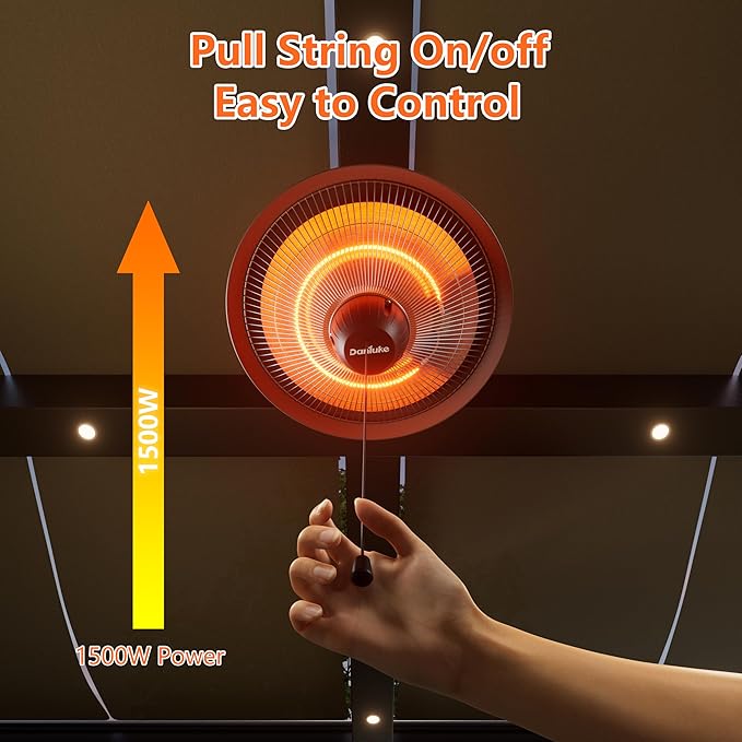Patio Heater for Outdoor Use 1500W Electric Infrared Hanging Heater, Ceiling Mounted, Waterproof for Porch, Garage, Balcony, Overheat Protection Brown