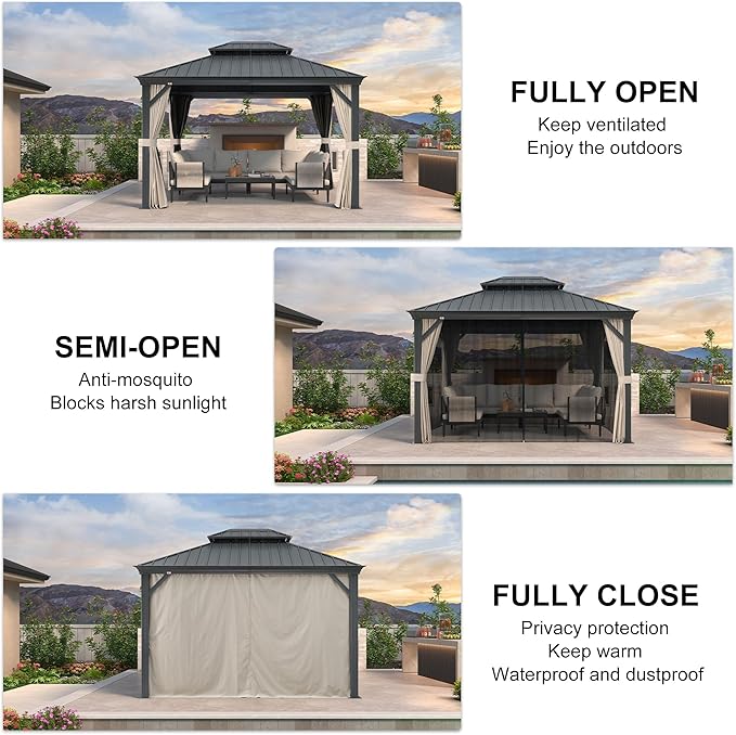 PURPLE LEAF 10' X 12' Hardtop Gazebo with Galvanized Steel Double Roof Outdoor Gazebos for Patio Lawn and Garden Included Netting and Beige Curtains