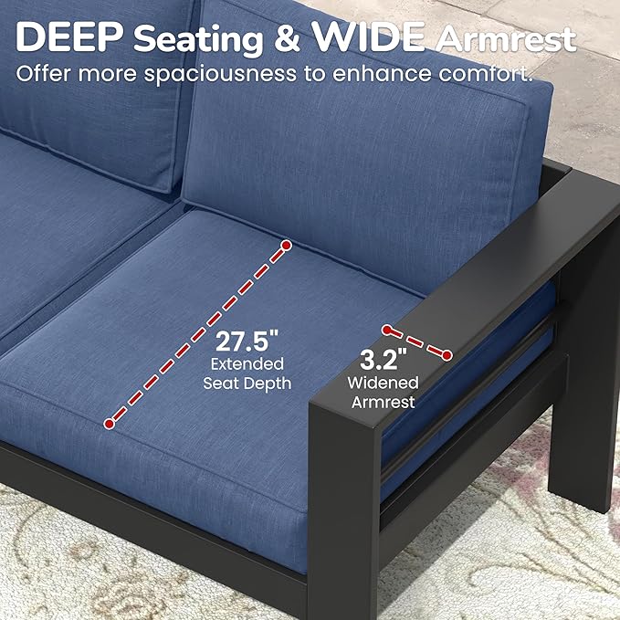 Solaste Aluminum Patio Furniture Set for All Weather, Modern Metal Outdoor Furniture Set with 27.5" Deep Seating and 3.2" Wide Armrest, Outdoor Patio Conversation Set with 5" Cushion, Black and Blue