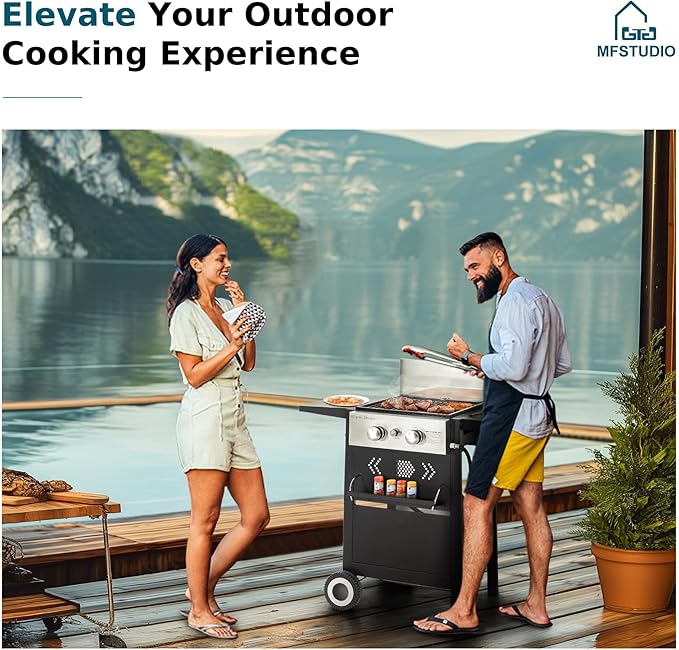 MFSTUDIO 2-Burner Propane Gas BBQ Grill with Cast Iron Griddle Pan, 20,000 BTU Output Small Barbecue Grill for Outdoor, Patio, Backyard and Balcony