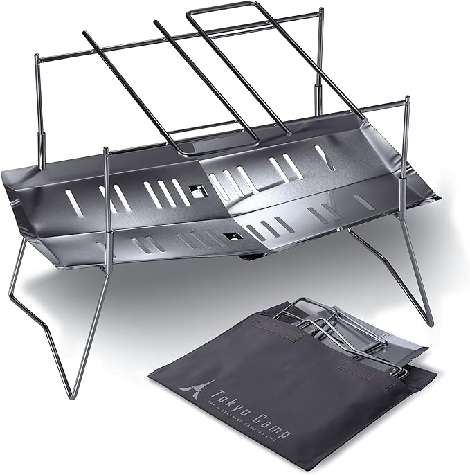 Tokyo Camp HAKOSUKA Portable Fire Pit, Foldable Stainless Steel Wood Burning Stove, Lightweight Compact Grill for Solo Camping, Outdoor BBQ, Bonfire – Rugged Japanese Design