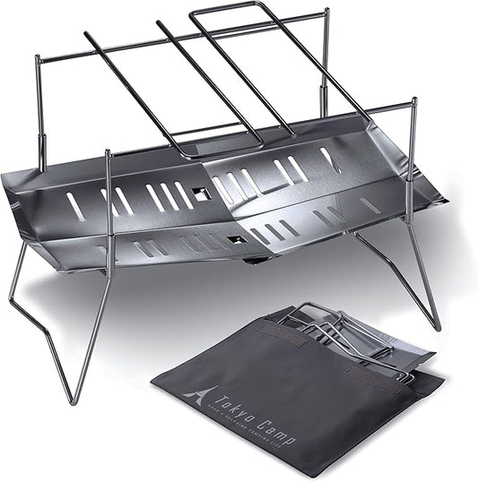 Tokyo Camp HAKOSUKA Portable Fire Pit, Foldable Stainless Steel Wood Burning Stove, Lightweight Compact Grill for Solo Camping, Outdoor BBQ, Bonfire – Rugged Japanese Design